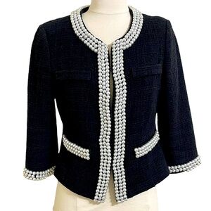 BOSTON PROPER Womens Black Tweed Cotton Lined Collarless Pearl Trimmed Jacket